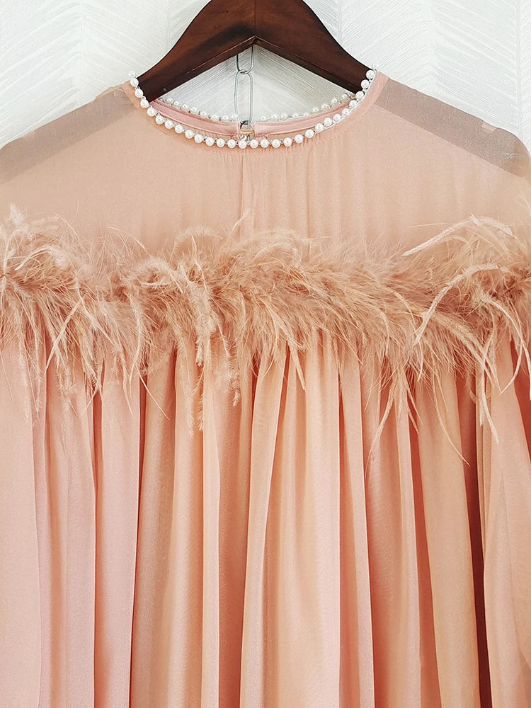 Women Mini Loose Dress Designer Fashion Pearls Puff Sleeve Solid Pink White Belt Holiday Casual