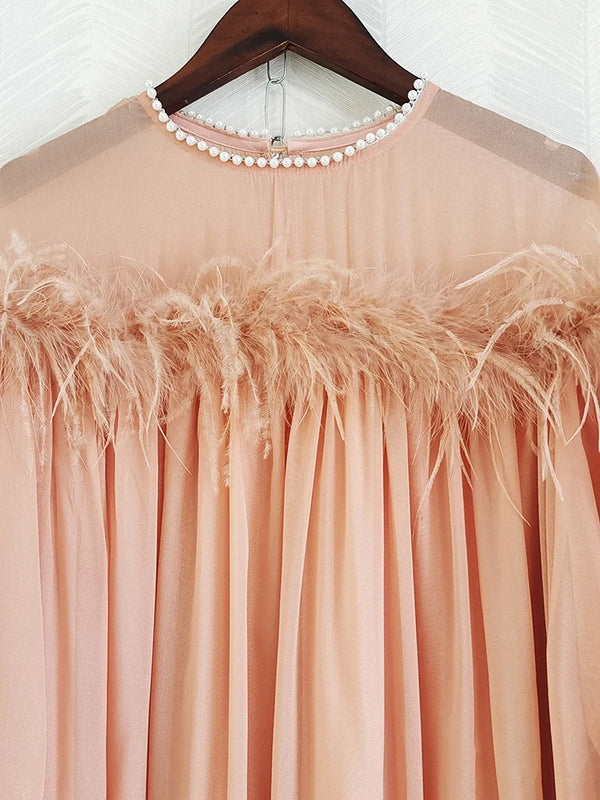 Women Mini Loose Dress Designer Fashion Pearls Puff Sleeve Solid Pink White Belt Holiday Casual
