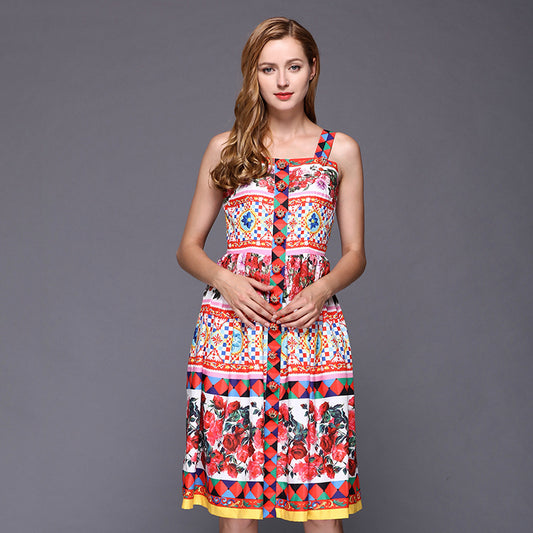 Spring/Summer New Simple Intarsia Polka Dot Aesthetic Ladies Print Sling Square Rose Dress
