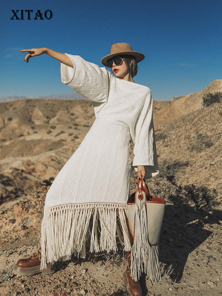 Vintage Versatile Tassel Knitted Dress Women's Spring and Autumn New Style Sweater Long Dress