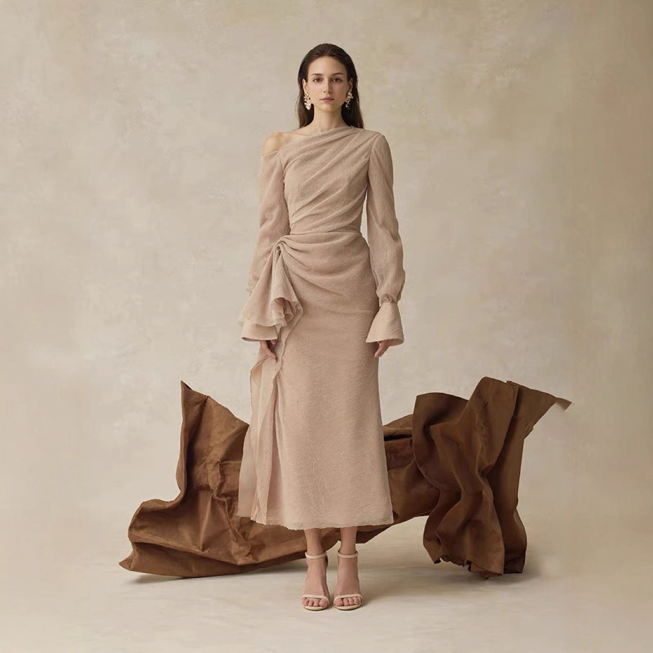 Gentle Style Pleated Long Sleeve Fitted Dress with Asymmetrical Shoulder, Elegant Designer Dress in Khaki