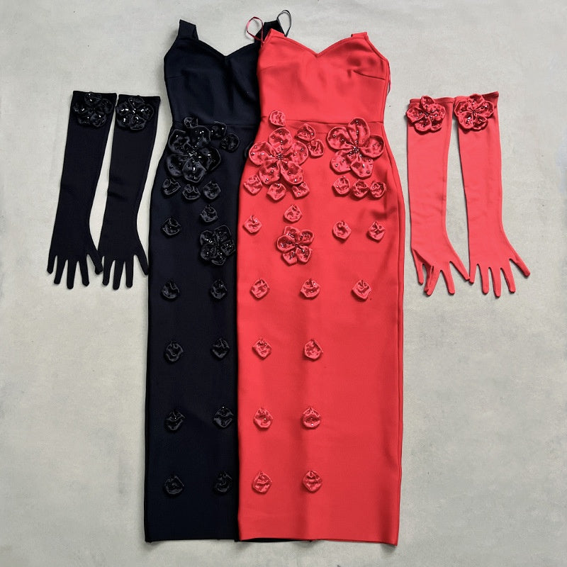 Fashion Sleeveless Backless Halter with Gloves Flower Decorated Fitted Long Bodycon Dress for Women