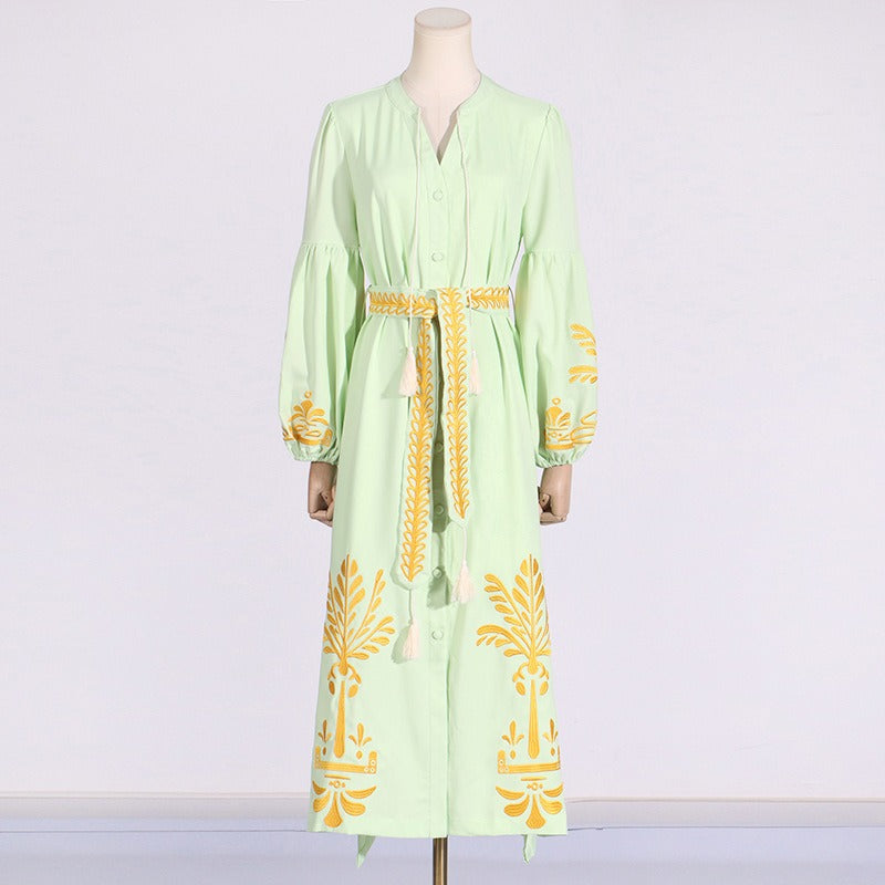 Literary retro style waist slimming lantern sleeve long dress printed lace-up long dress