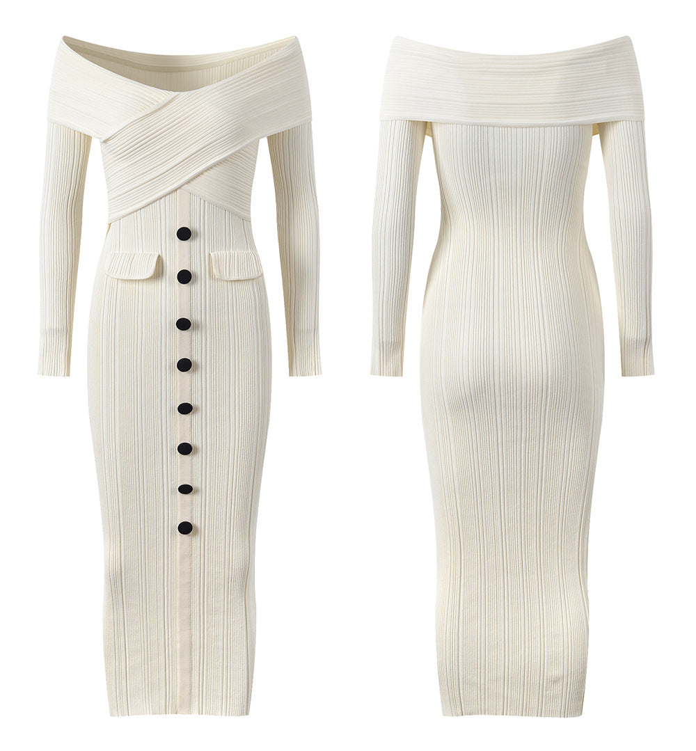 One-shoulder sexy slim knitted dress evening dress with hip-hugging long skirt