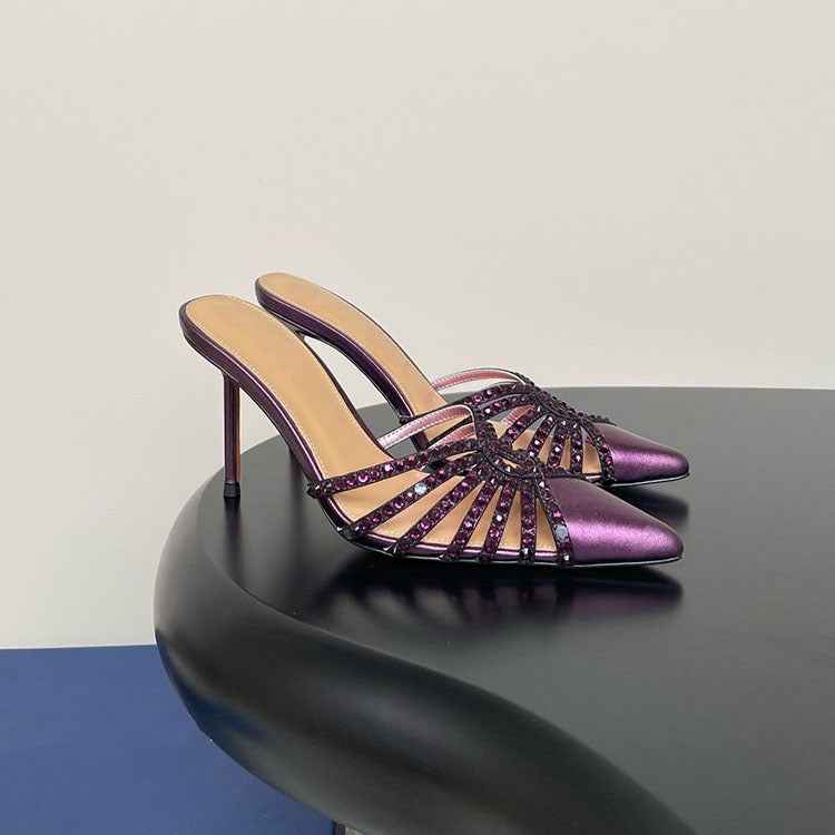 Slim pointed toe stiletto high heel half slippers with temperament rhinestone hollow silk