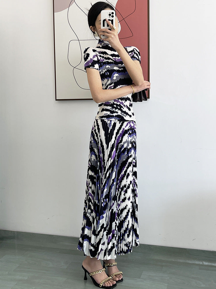 Printing Pleated Set Women Summer Elastic Slimming Stand Collar Short Sleeve T-shirt Top Long Skirt Fashion
