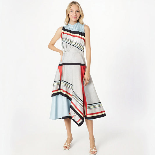Women's Irregular Colorblocking Sleeveless Dress, Tie Waist Printed Dress, High Quality, Fashionable and Sexy