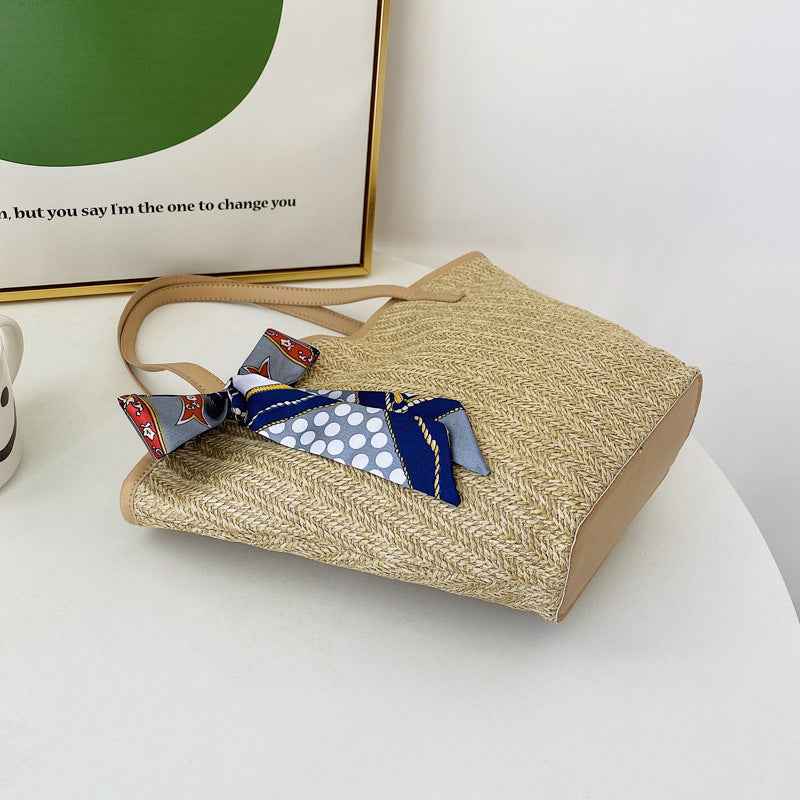 Summer Hand Held Large Capacity Straw Bag Retro Silk Scarf Woven Bag Beach Tote Bag One-Shoulder Wild Vegetable Basket Bag