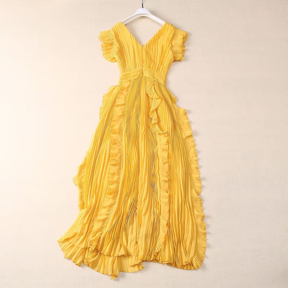 Women's V-neck Qiaoqi pleated wood ear patchwork yellow banquet dress long skirt