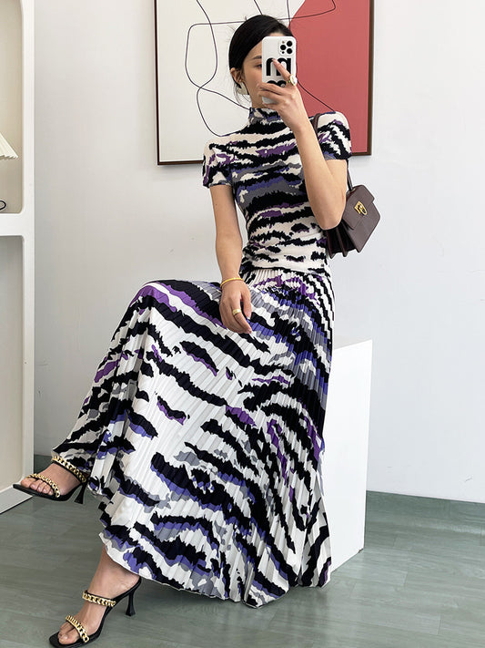 Printing Pleated Set Women Summer Elastic Slimming Stand Collar Short Sleeve T-shirt Top Long Skirt Fashion