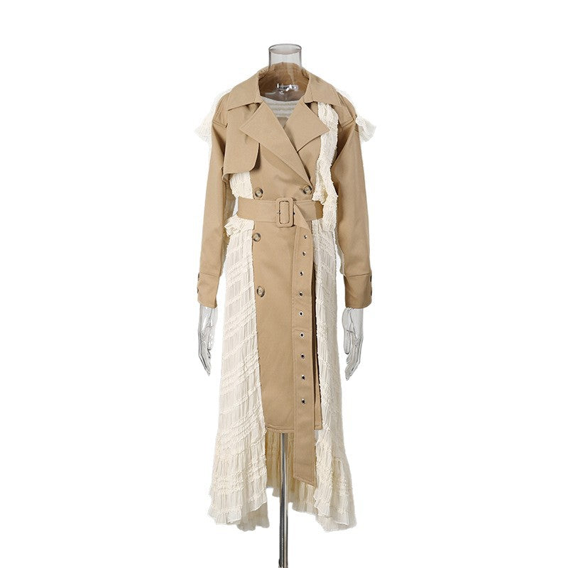 Chic Runway Unique Small Crowd Jacket Women Summer Waist Belt Lace Trim Blazer Trench Coat