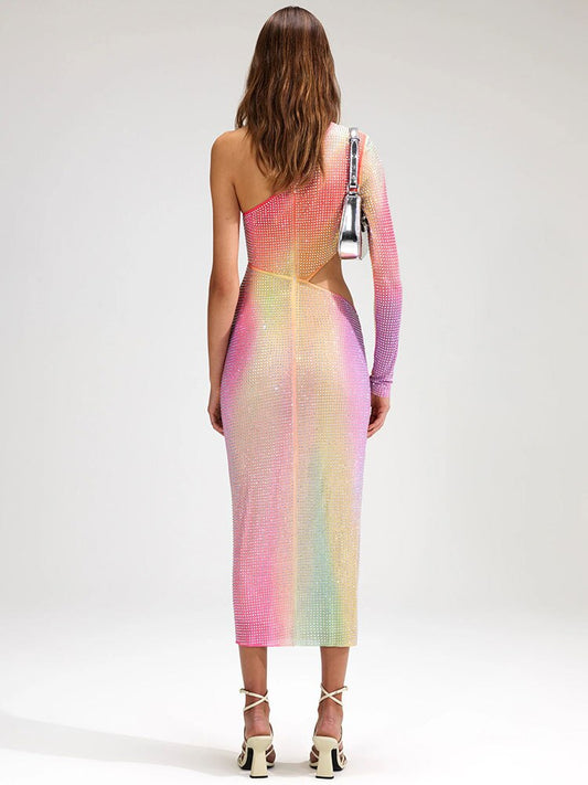 Sexy One Shoulder Sleeve Color Block Rhinestone Bodycon Dress Hollow Draped Split Mid length Dress Cocktail Party Vestidos