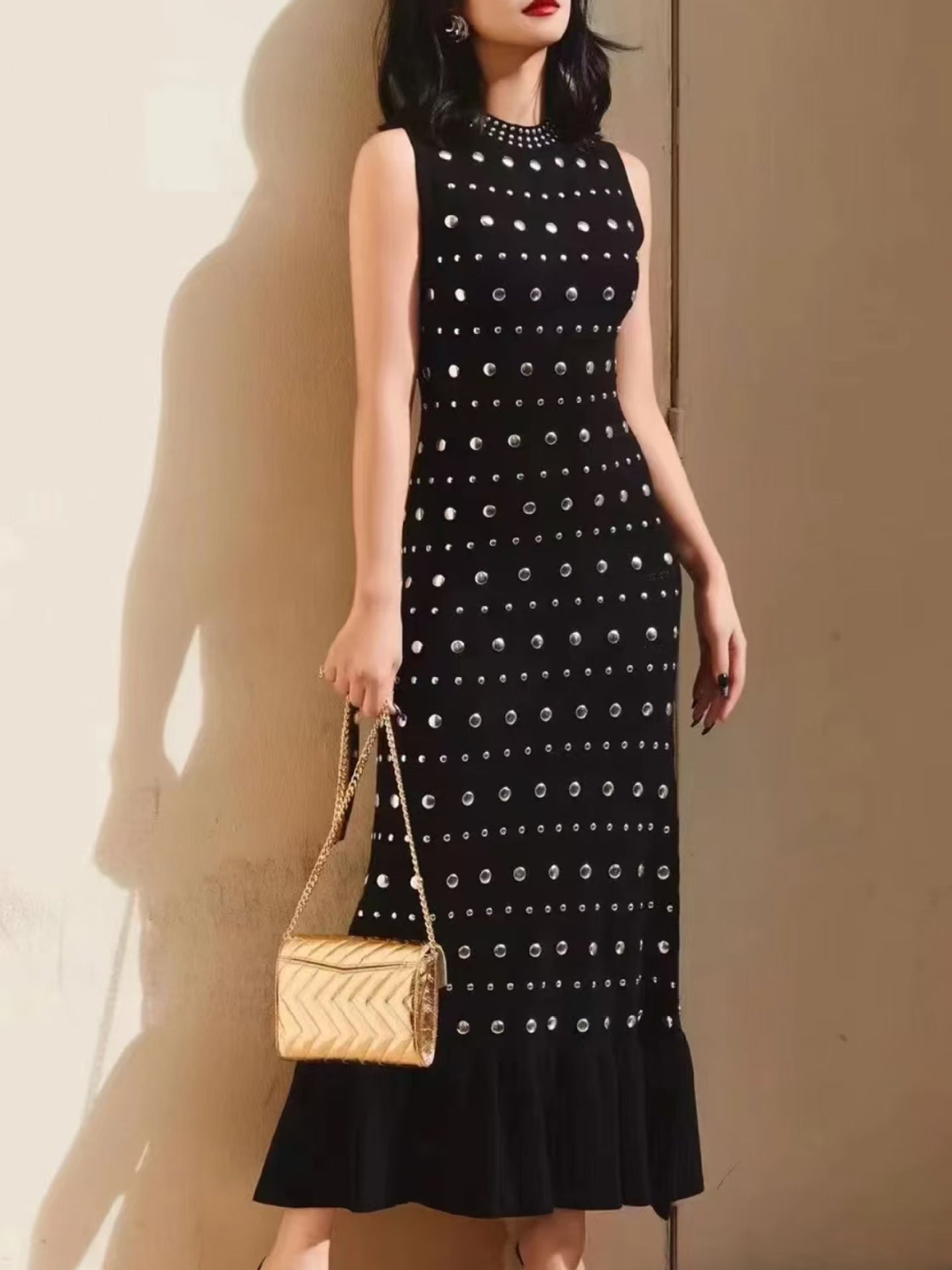 French style niche black sleeveless vest dress medium long dress for women