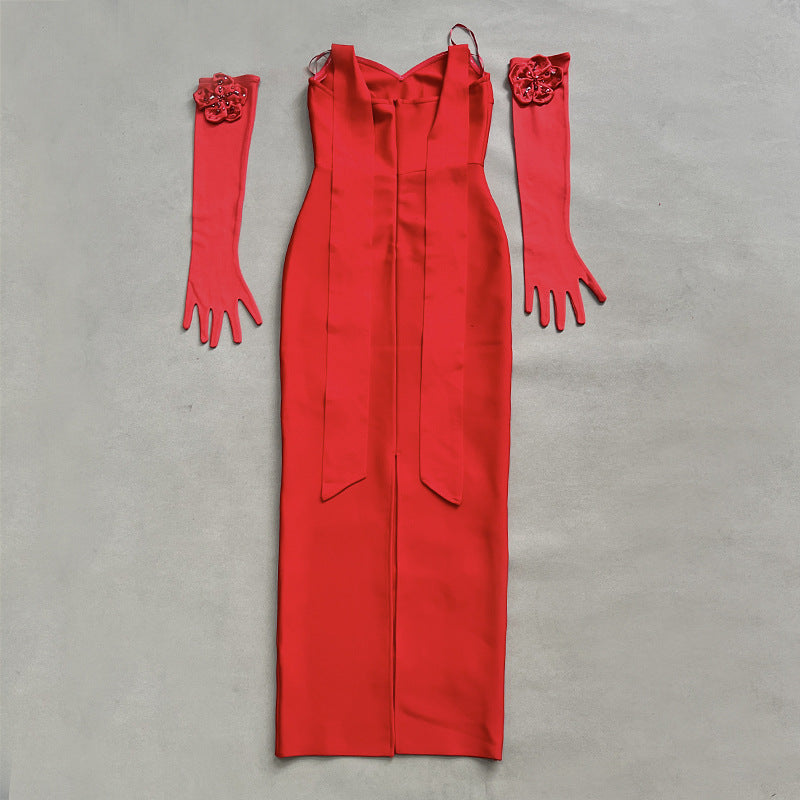 Fashion Sleeveless Backless Halter with Gloves Flower Decorated Fitted Long Bodycon Dress for Women