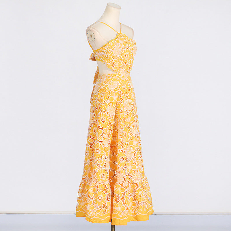 Sexy Vacation Style Dress with Floral Print and Hollow-out Waist Design for Women