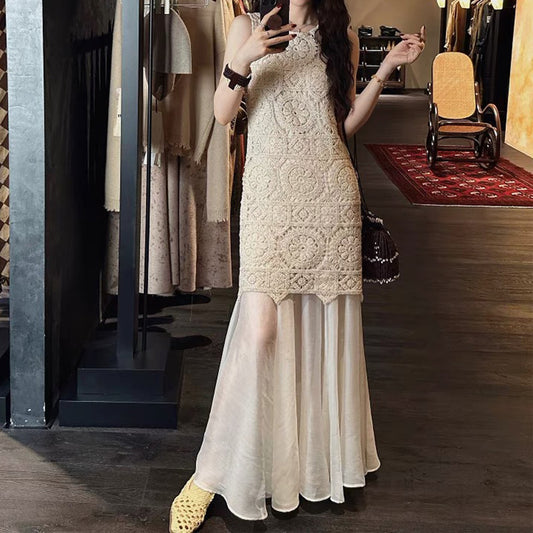 Elegant Rope Embroidery Beaded Mesh Sleeveless Dress Fashion Summer Dress