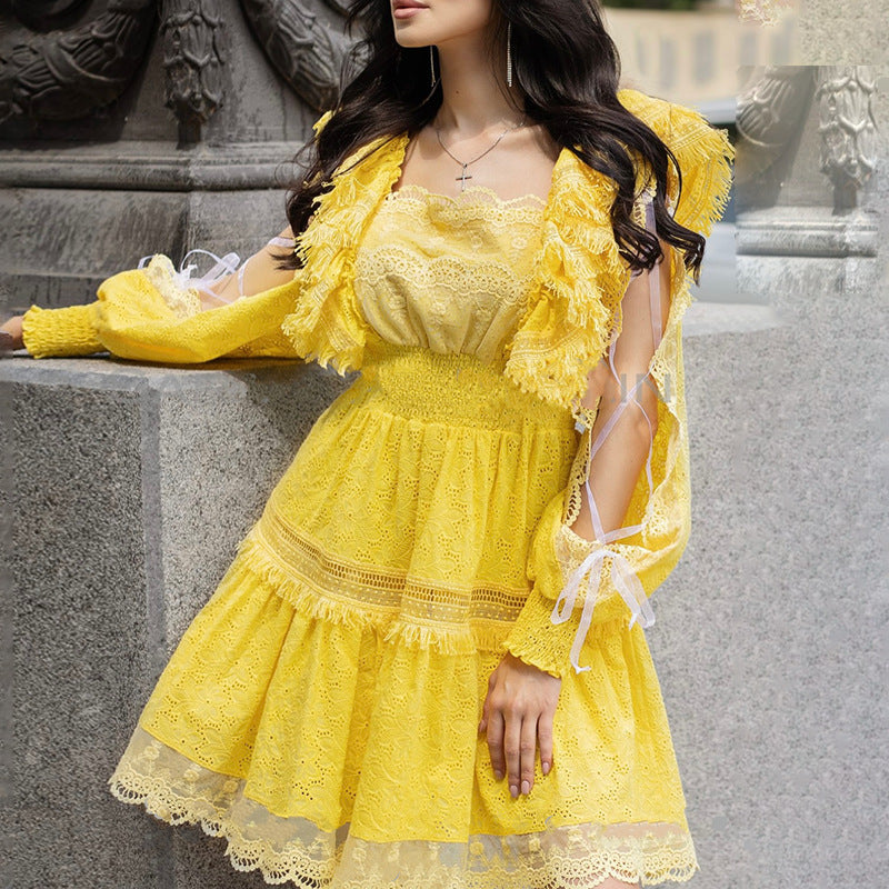 Sweet Retro French Style Square Neck Bubble Sleeve Unique Ribbon Drawstring Design Elastic Waist Dress
