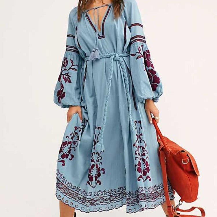 Bohemian lantern long sleeve embroidered neckline lace-up resort beach dress with belt
