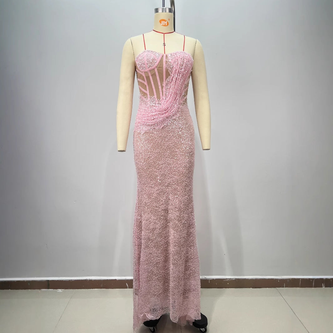 High-quality Fashion Backless One-Shoulder Tube Top Boned Design Beaded Sequined Casual Long Party Dress
