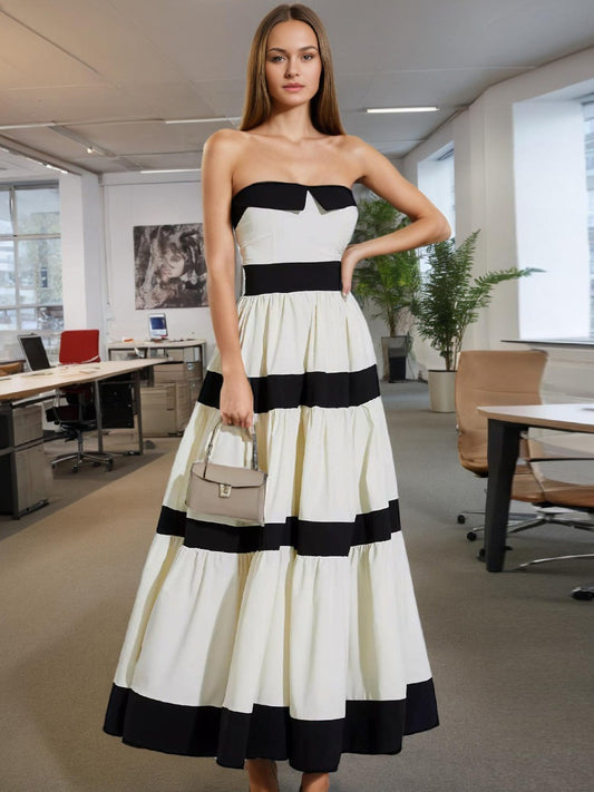 French elegant style large hem strapless skirt