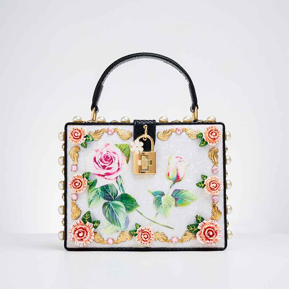 Snakeskin Pattern Box Evening Clutch Bags Women Elegant Retro 3D Flowers Diamonds Wedding Purse Ladies Pearls Shoulder Bag