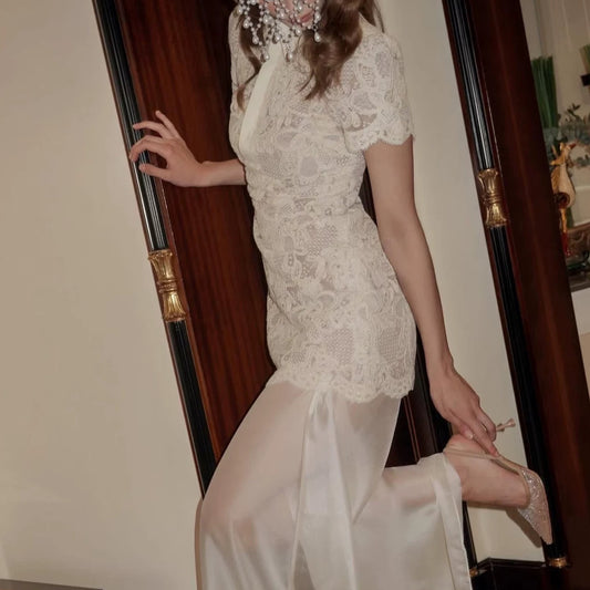 Fitted Waist Slimming Turn-down Collar Hollow Short Sleeve Lace Mid-length Mermaid Dress