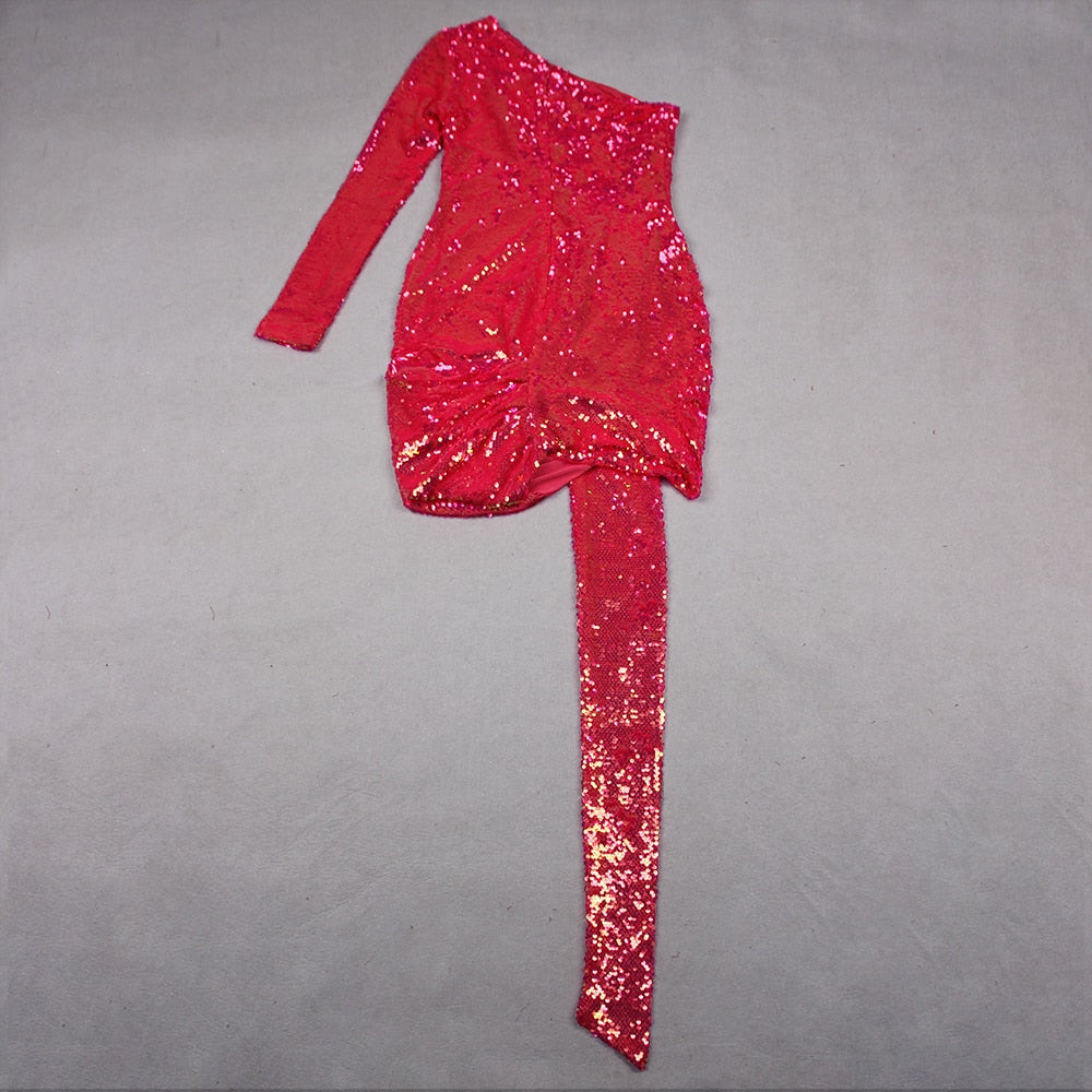 New Sequined High Waist Wrap Chest Long Skirt Temperament Elegant Small Dress Birthday Party Slanted Shoulder Tight Dress
