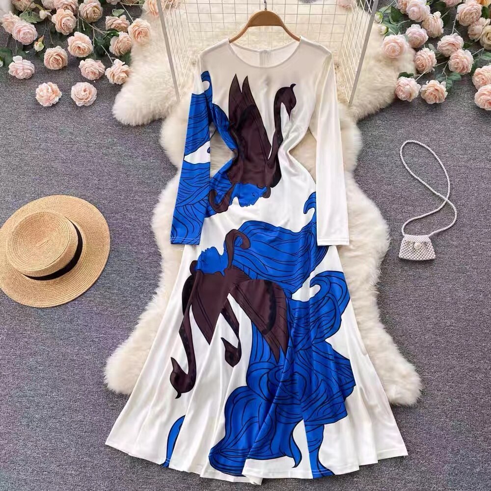 Runway Dress Women O-Neck Long Sleeve High Street Floral Printed Designer A-Line Midi Dresses Traf Clothes