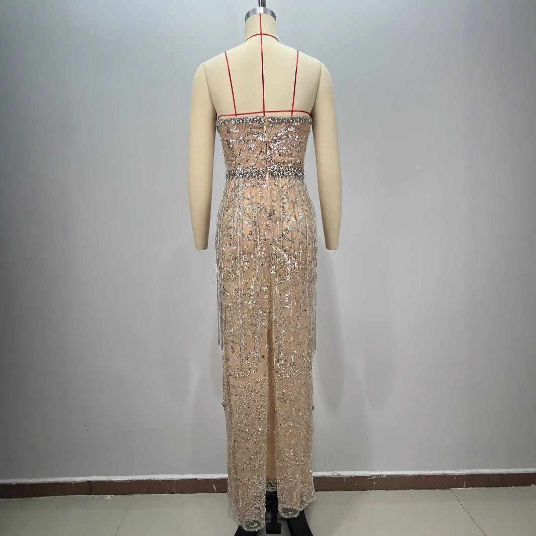 Sexy Shiny Rhinestone Sequin Strapless Dress  Female Singers Gogo Performance Party Evening Gown