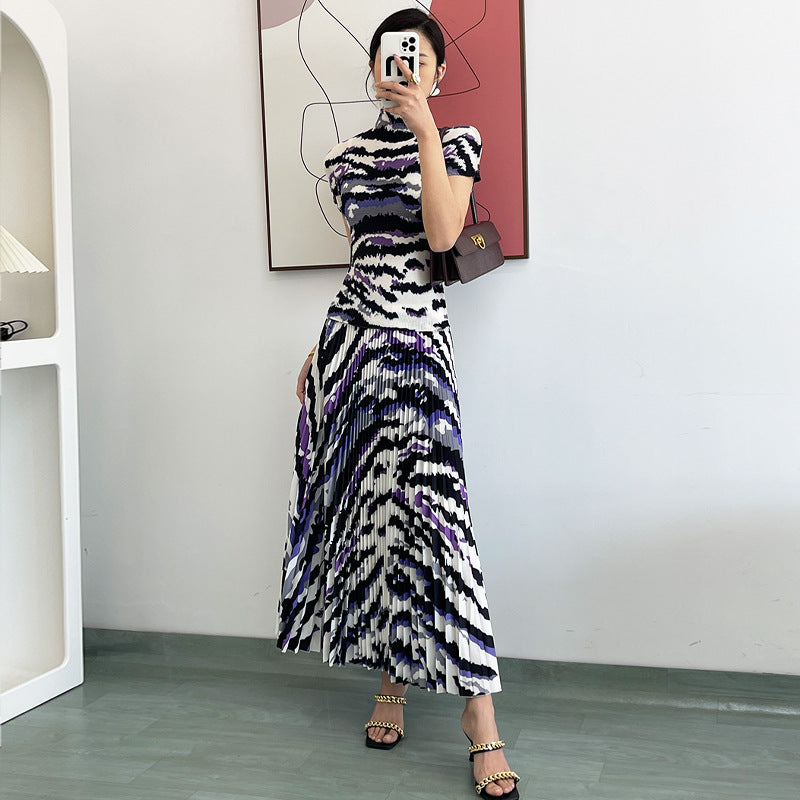 Printing Pleated Set Women Summer Elastic Slimming Stand Collar Short Sleeve T-shirt Top Long Skirt Fashion
