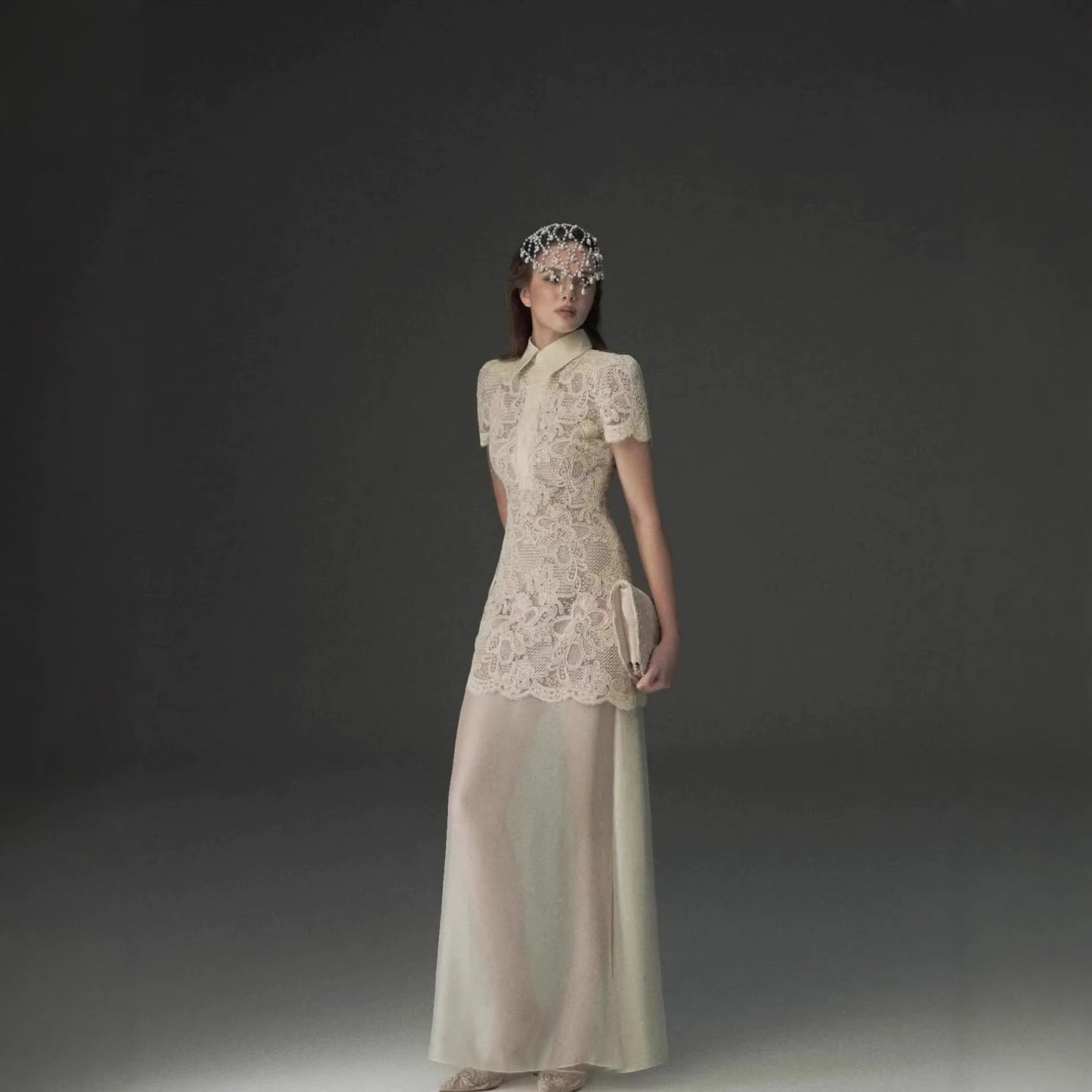 Fitted Waist Slimming Turn-down Collar Hollow Short Sleeve Lace Mid-length Mermaid Dress