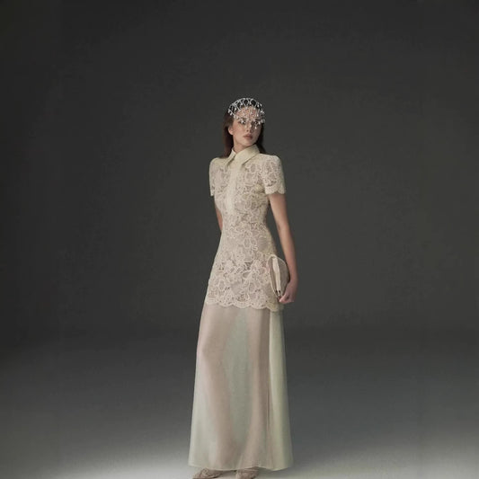 Fitted Waist Slimming Turn-down Collar Hollow Short Sleeve Lace Mid-length Mermaid Dress