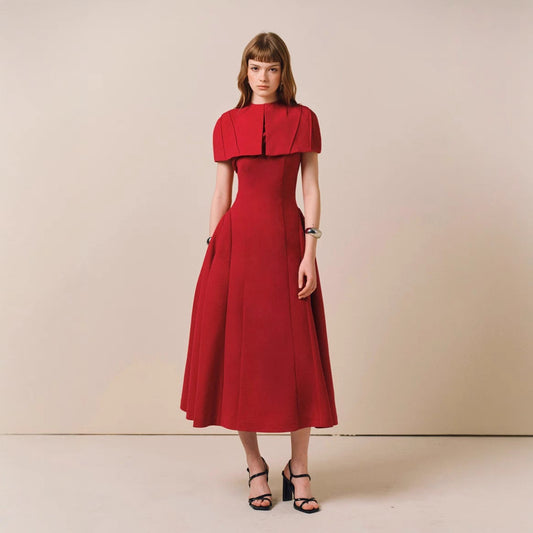 Elegant High-Quality Cape Sleeveless Dress with Design Sense and Noble Charm, Red Dress