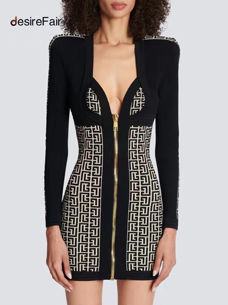 DesireFair Trendy Women Slim Casual Sexy Wind V-Neck Long-Sleeved Jacquard Zipper High Waist Splicing Tight Dresses