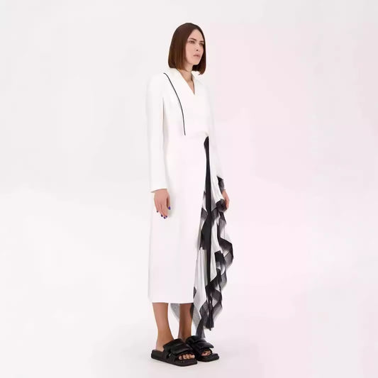 Asymmetric pleated loose mouth ruffle edge contrasting long suit jacket for women