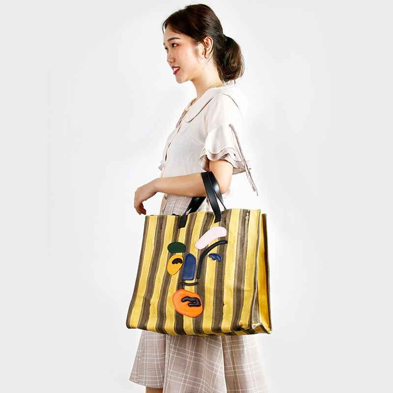 Women's Handbags New Trendy Striped Canvas Tote Bag Large Capacity Contrast Color Single Shoulder Handbag