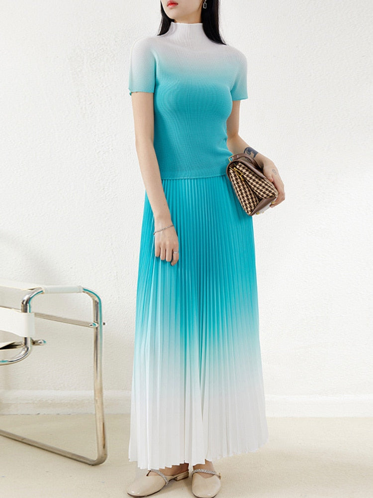 New Pleated Temperament One Size Gradient Color Super Elastic All-Match Top Skirt Waist Large Size Suit