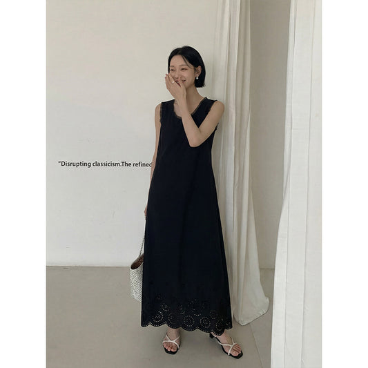 French Minimalist Lace Sleeveless Dress Summer Commuter Versatile Straight Long Dress