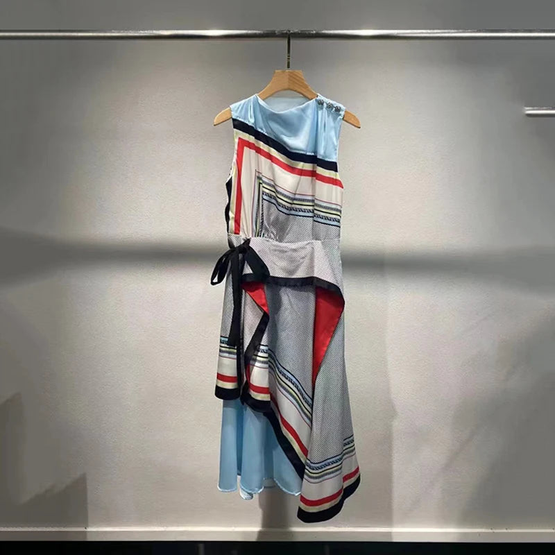 Women's Irregular Colorblocking Sleeveless Dress, Tie Waist Printed Dress, High Quality, Fashionable and Sexy
