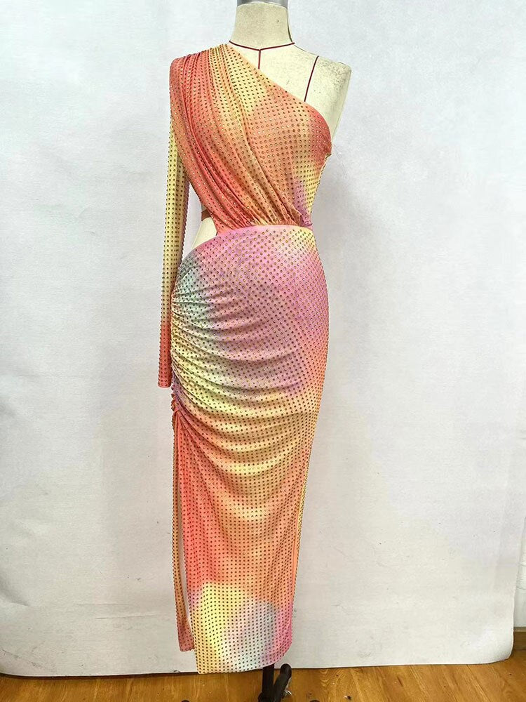 Sexy One Shoulder Sleeve Color Block Rhinestone Bodycon Dress Hollow Draped Split Mid length Dress Cocktail Party Vestidos