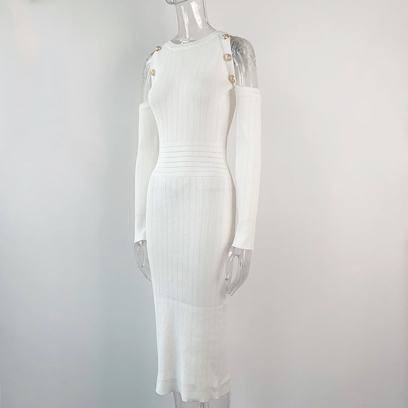 Spring And Autumn Irregular Hollow Out Sexy Round Neck Knitted Dress Knee Length Dress