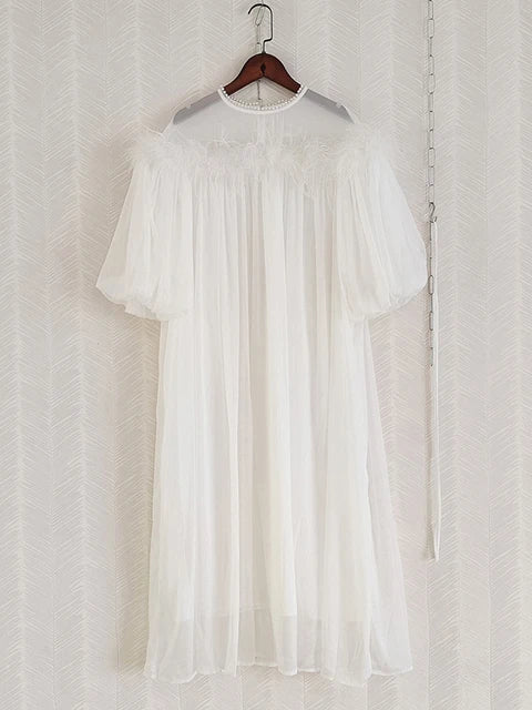 Women Mini Loose Dress Designer Fashion Pearls Puff Sleeve Solid Pink White Belt Holiday Casual