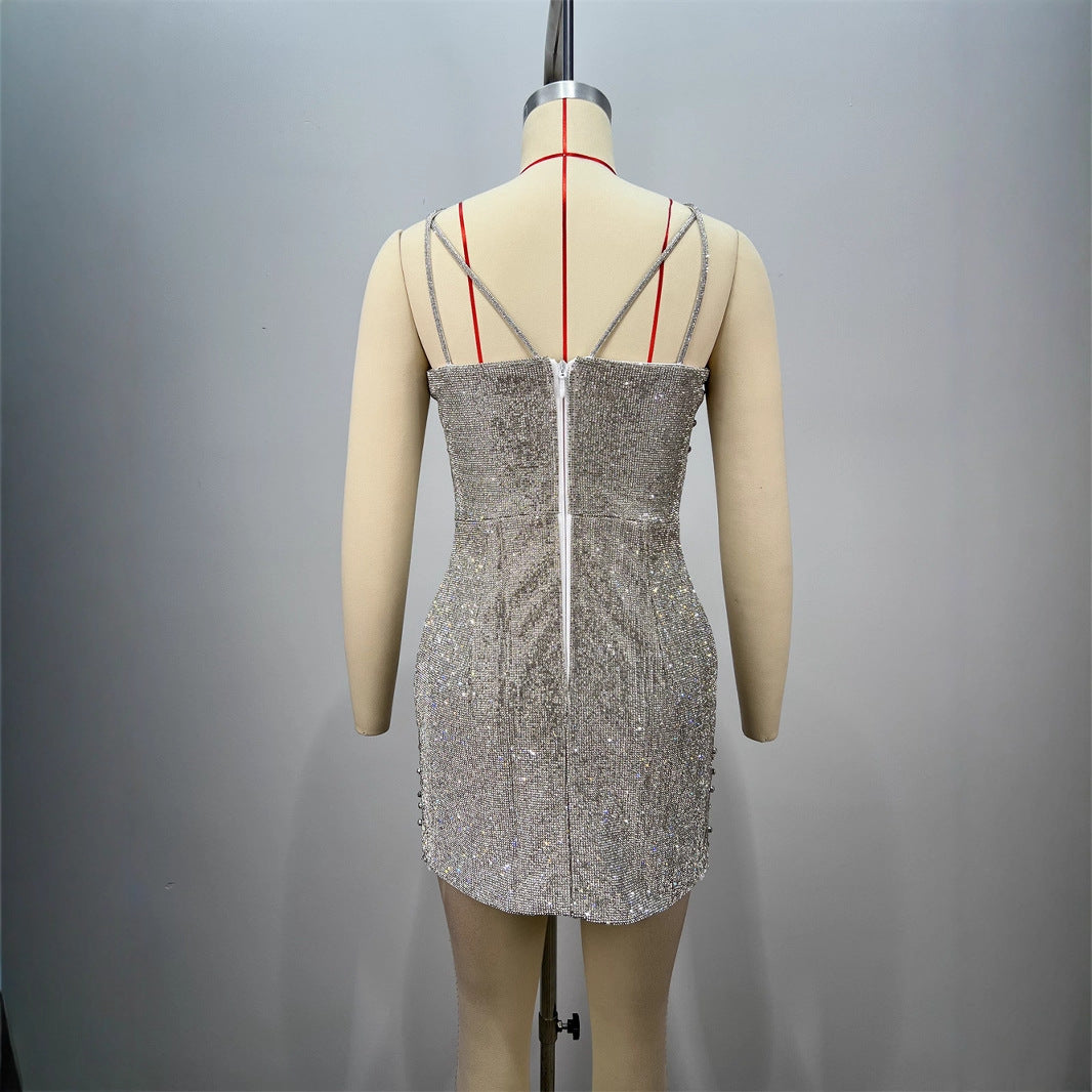 Summer Shiny Diamond Women's Sleeveless Backless Fashion V-Neck Mini Dress
