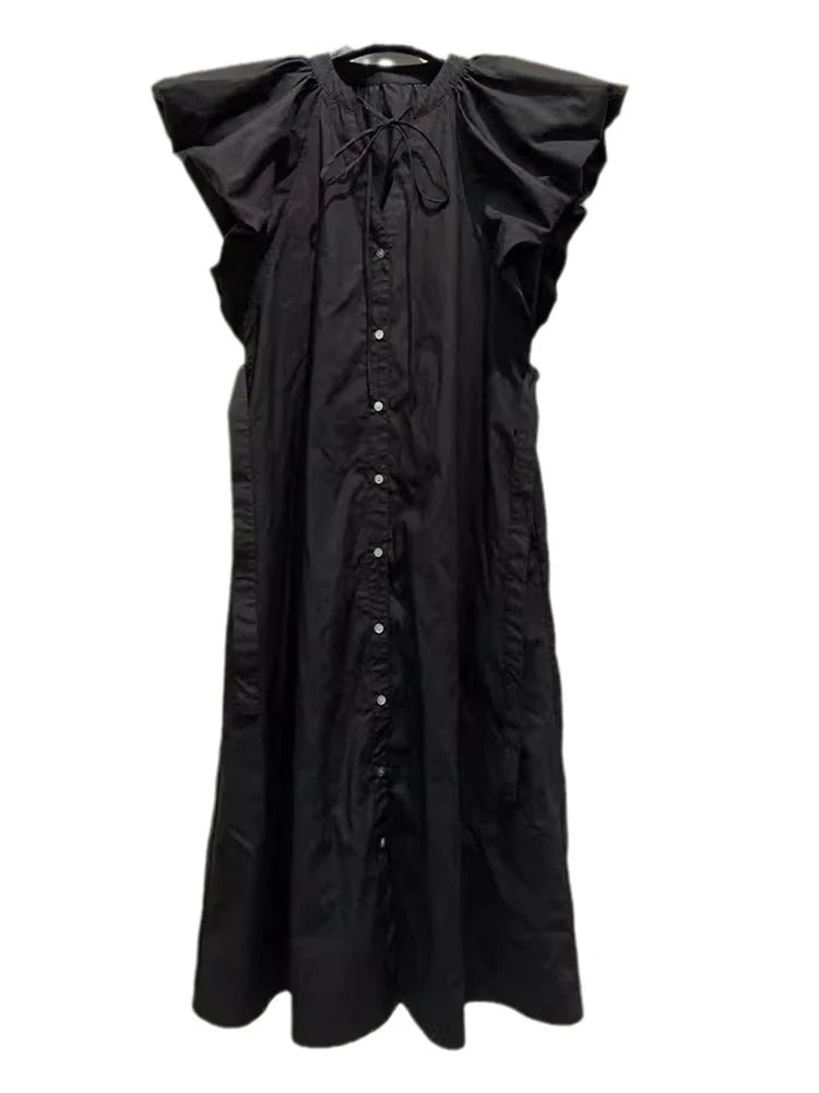 Fashion Women's Dress V-neck Flying Sleeves Single Breasted Lace-up Loose Ankle-length Dresses Summer  New Tide