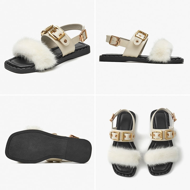 Sandals Women Cow Leather Square Toe Mink design Buckle Strap Elegant Female Flat Shoes Handmade