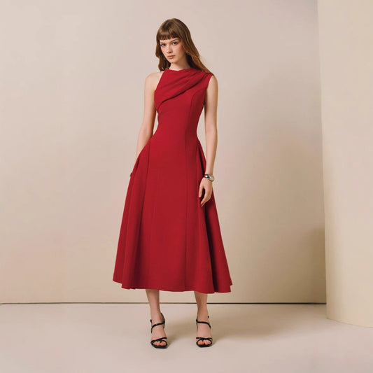 Elegant High-Quality Cape Sleeveless Dress with Design Sense and Noble Charm, Red Dress