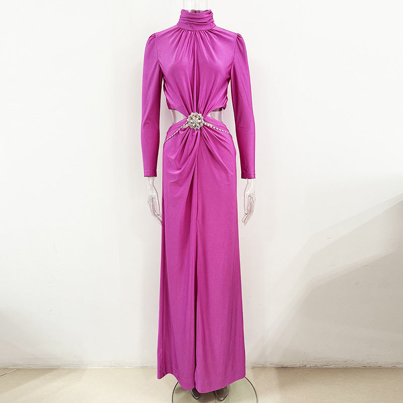 Waist hollow diamond inlaid elastic long dress