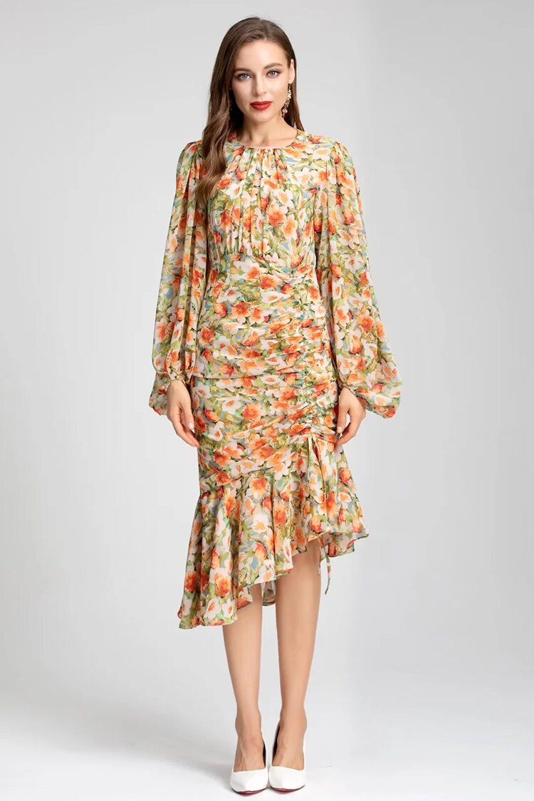 High Quality Designer Runway Gorgeous Elegant Mermaid Dress Women's Lantern Sleeve Print High Waist Slim Midi Dress