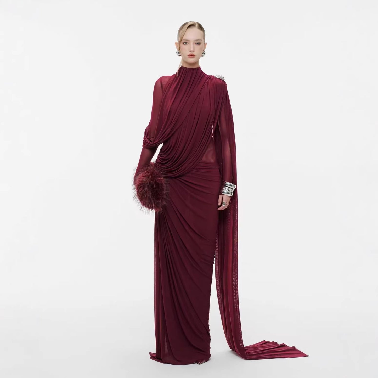 Red high neck pleated metal decorative cape dress