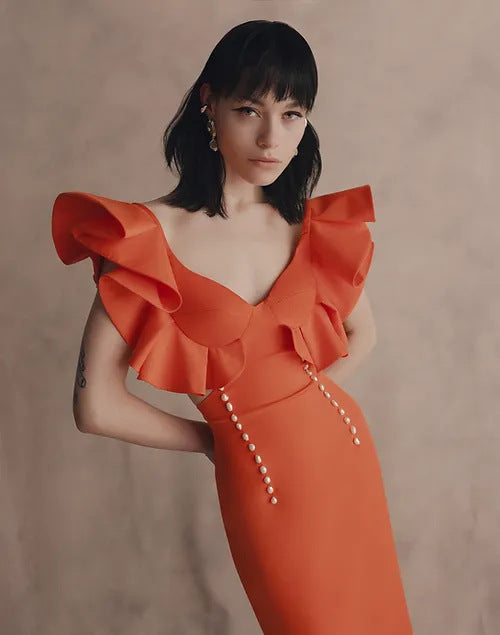 European and American summer new high-end fashion temperament bandage sleeveless orange dress long women's dress